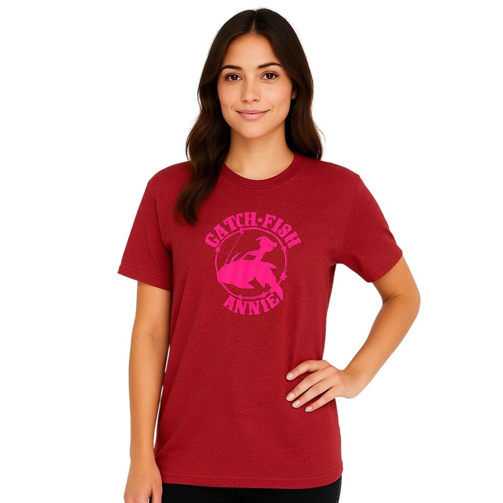 Gildan T‎ Shirt Large Catch Fish Annie Red Pink Graphic Crew Neck Short Sleeve